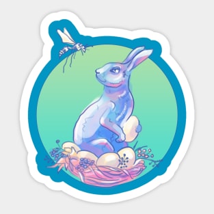 Cute Bunny with Easter Eggs in the nest of Flowers. Sticker